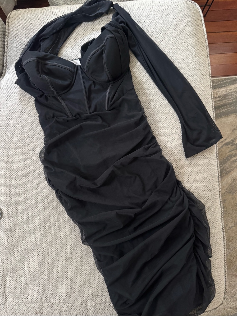 Oh Polly One-Shoulder Black Ruched Mesh Midi Dress